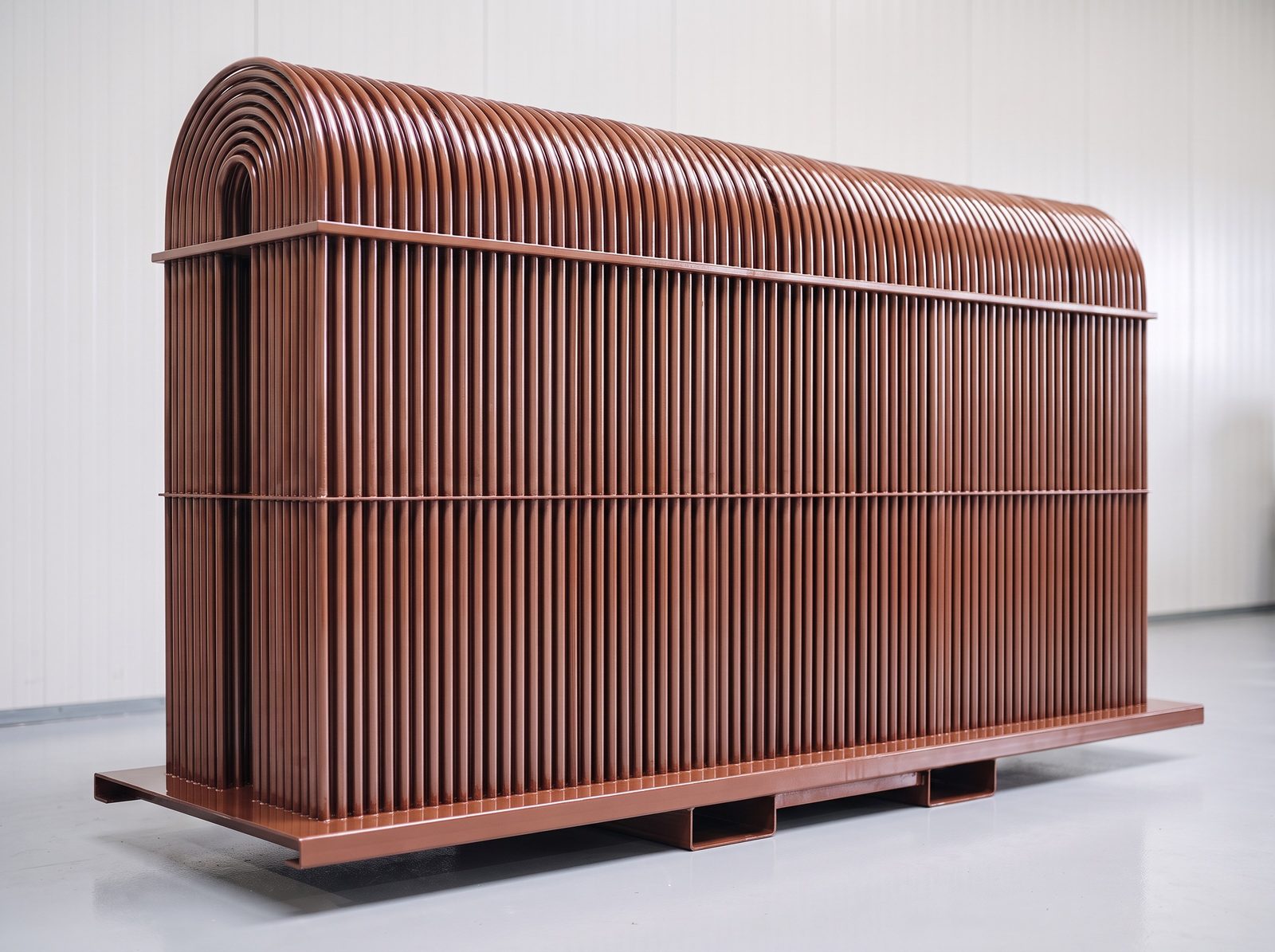 Dezelfde box cooler na het aanbrengen van een glanzende roodbruine phenol-epoxy inbrandcoating