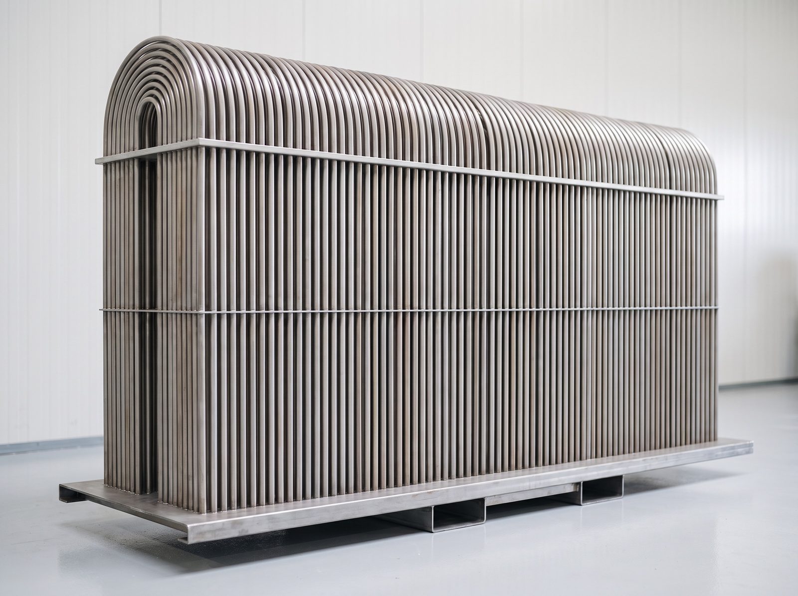 Onbehandelde box cooler: bundel blanke U-buizen met afstandsstrippen op een stalen voetframe