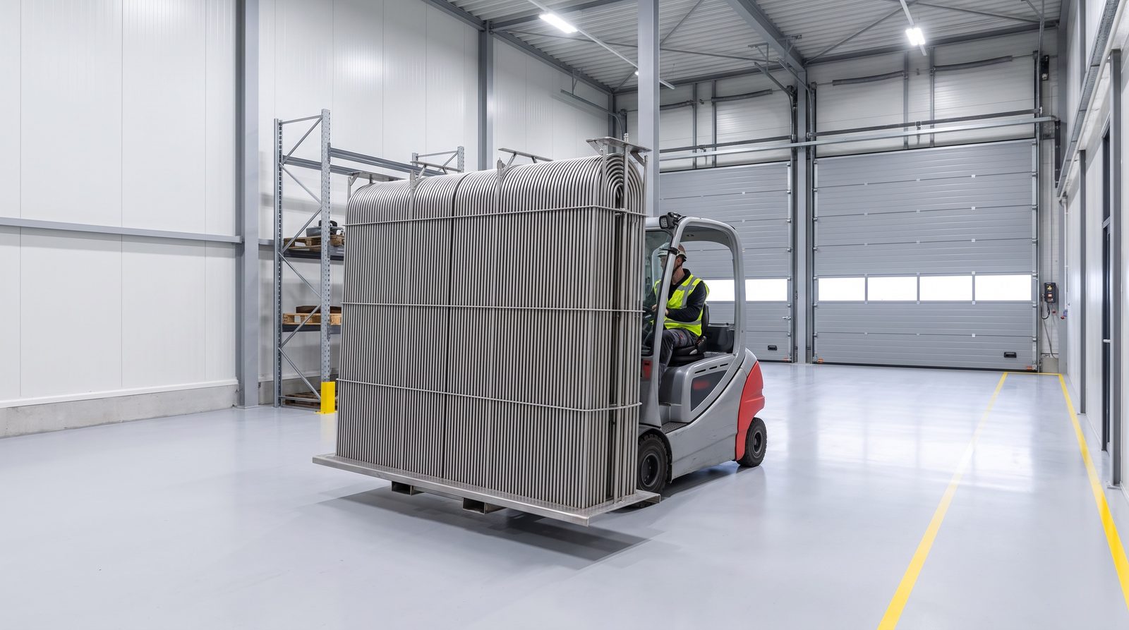 Heftruck vervoert een blanke box cooler door de schone, lichte productiehal