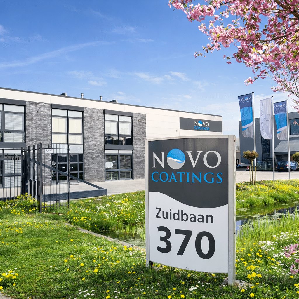 Bedrijfspand van Novocoatings aan de Zuidbaan 370 in Moordrecht met naambord en vlaggen